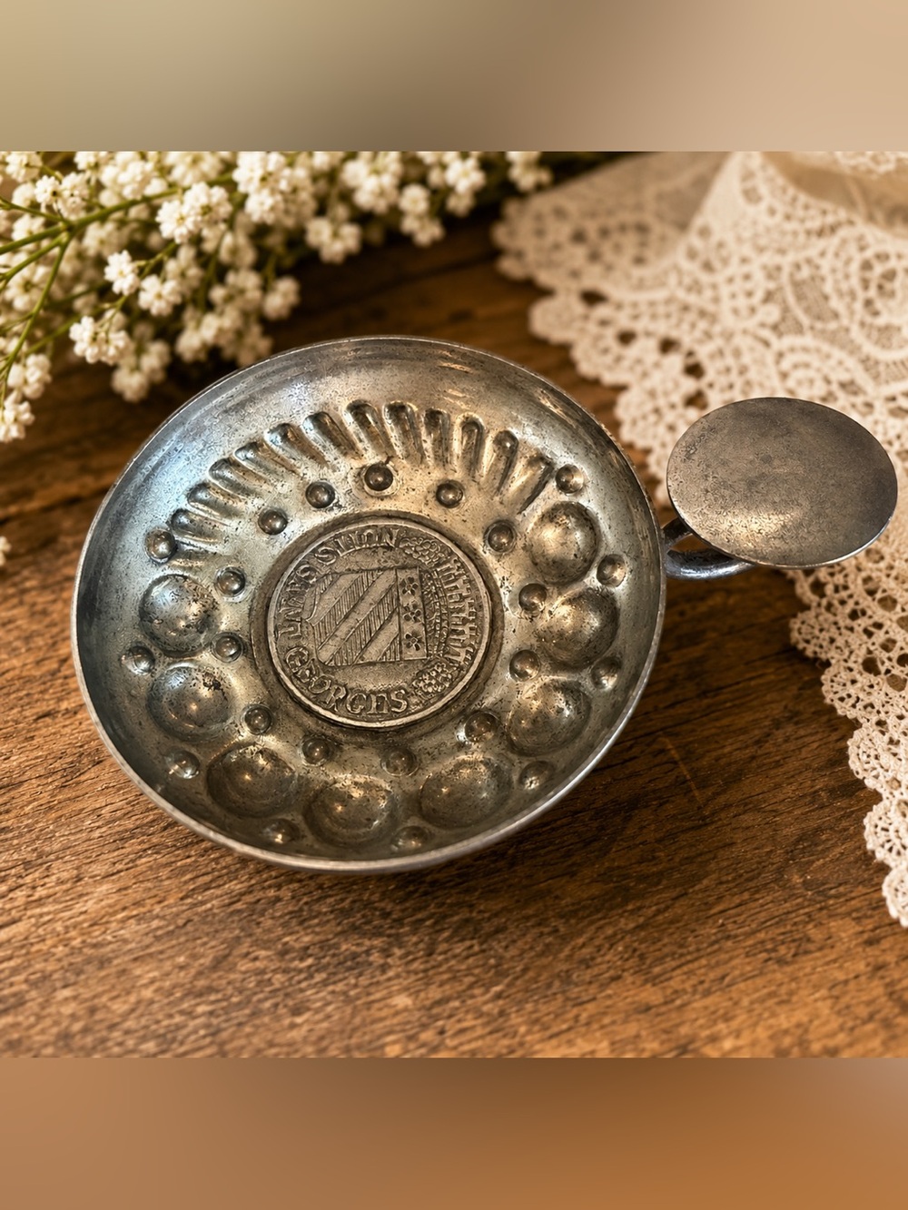 Vintage Decorative Metal Trinket Dish / Ashtray Heraldic Crest “LONGIN GEORGES”